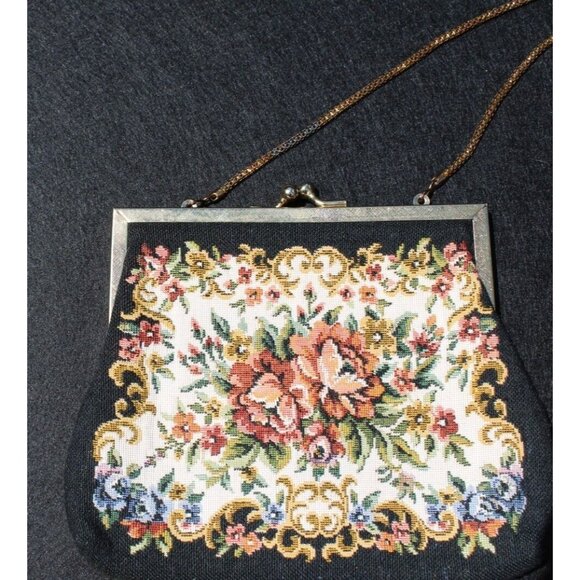 Vintage Floral Tapestry Handbag Goldtone Clasp Rope Chain Handle - Picture 2 of 9